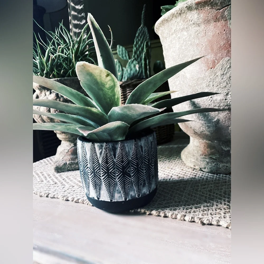 Hand Painted Clay Pot Black and White Feather Pattern - 4.5 Inch